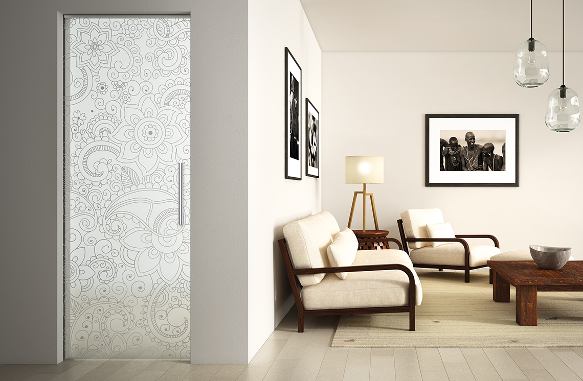 Porte coulissante en verre salon déco exotique