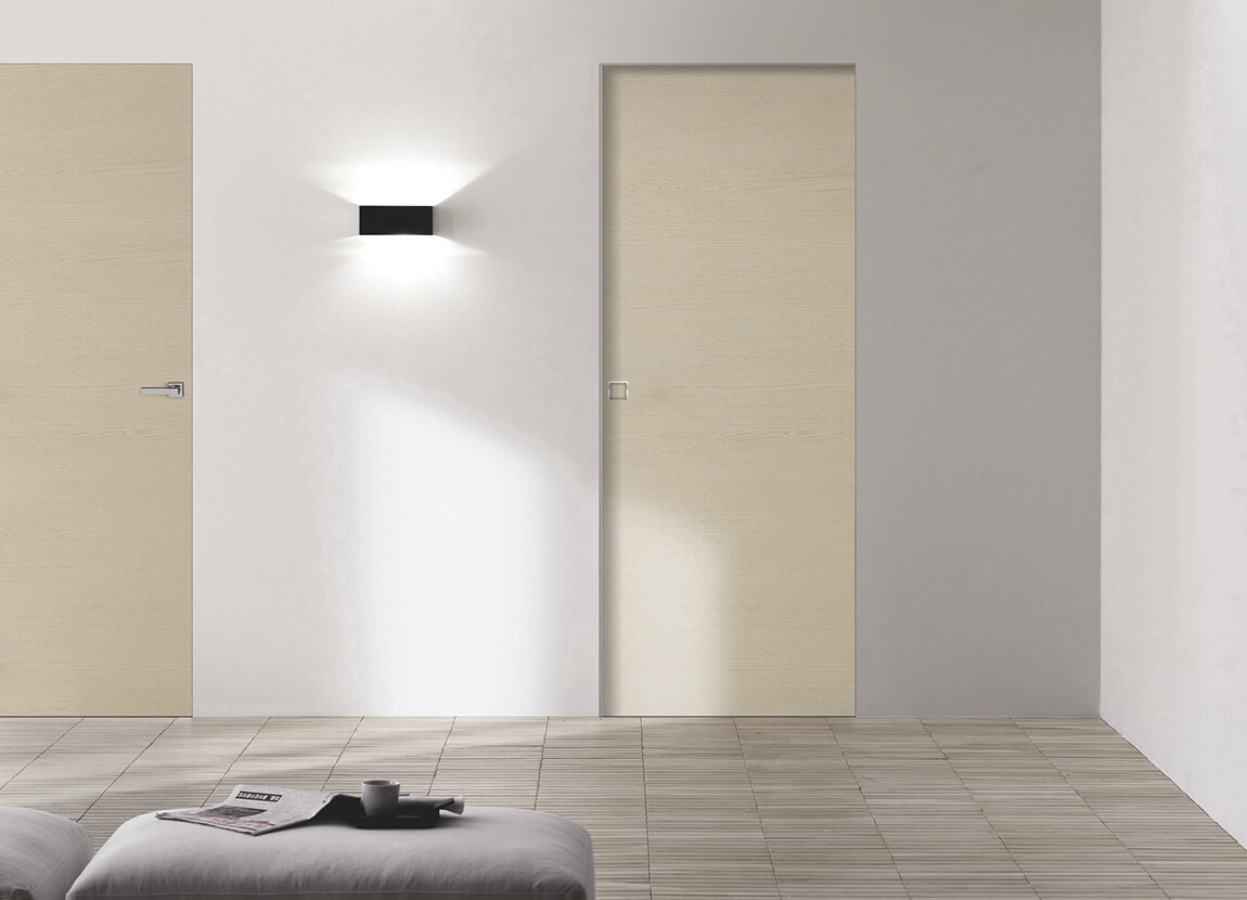 Porte coulissante bois chêne laqué beige
